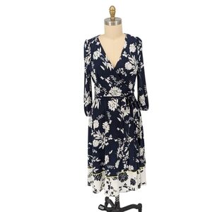 Eliza J Floral Knit Faux Wrap Midi Dress Blue White 10 preppy bohemian party